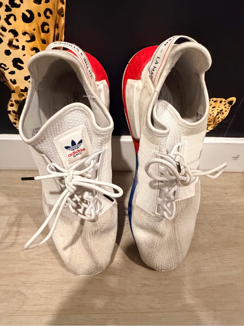 adidas NMD R1 V2 white lush White Low-Top Sneakers with Blue & Red Accents size - Picture 3 of 13